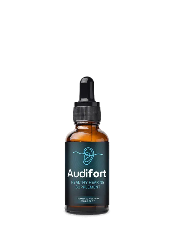 Audifort hearing support supplement bottle for 360-degree ear health, highlighting the herbal formula.