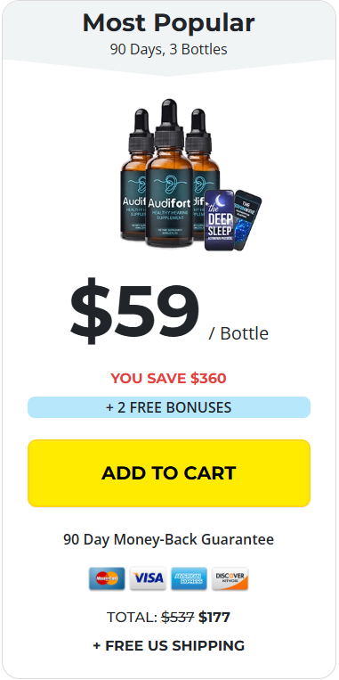 Audifort purchase options with progressive discounts on 3 bottle kits and payment security seals.