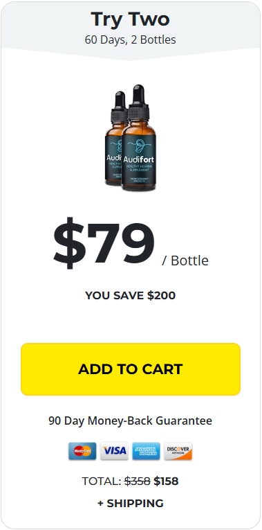 Audifort purchase options with progressive discounts on 2 bottle kits and payment security seals.