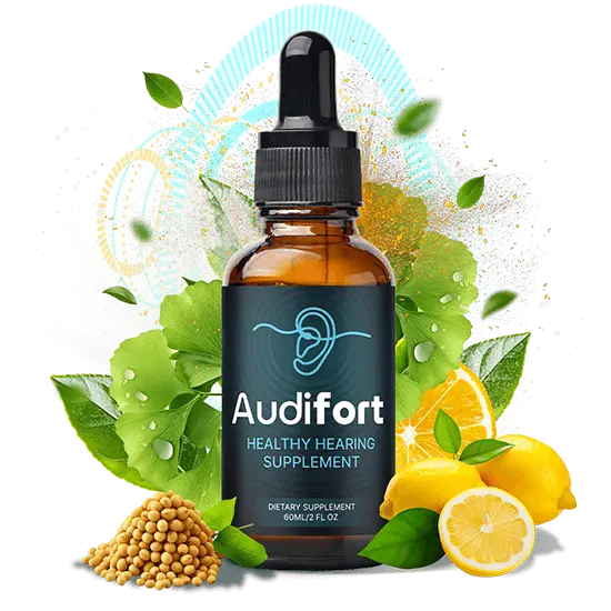 Close-up of the Audifort bottle and dropper, demonstrating the easy-absorption liquid form for hearing support.