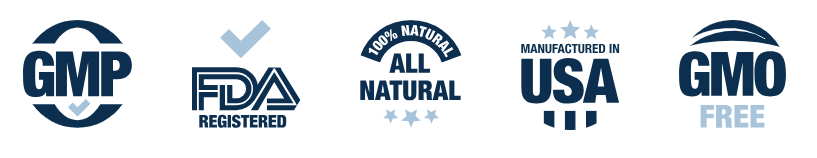 Quality assurance icons for Boostaro, including 100% natural formula, non-GMO, and made in an FDA-registered facility.