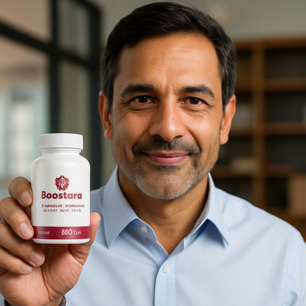 Close-up of a customer holding a bottle of Boostaro, recommending the supplement as a daily routine for male health.